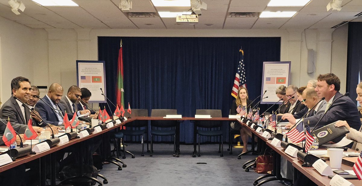 MoEDmv's tweet photo. Minister @em_saeed and @USTradeRep, Brendan Lynch, co-chaired the 3rd meeting under the U.S. – Maldives Trade and Investment Framework Agreement held in Washington, D.C. Minister emphasized support for local digital content creators and artists to utilize global platforms, sought options for duty free market access for fishery products, and expressed interest to work with U.S. investors in both government and in the private sector.