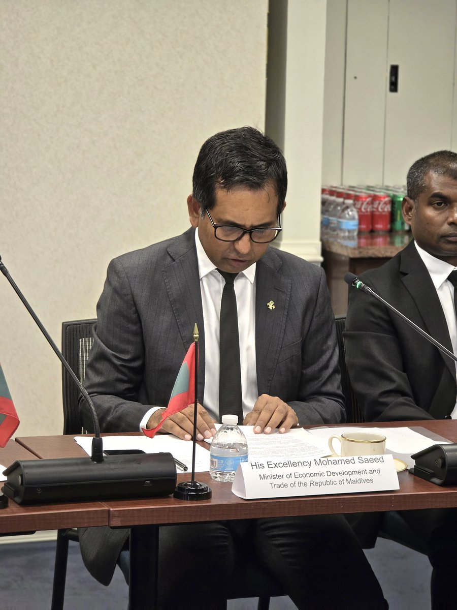 MoEDmv's tweet photo. Minister @em_saeed and @USTradeRep, Brendan Lynch, co-chaired the 3rd meeting under the U.S. – Maldives Trade and Investment Framework Agreement held in Washington, D.C. Minister emphasized support for local digital content creators and artists to utilize global platforms, sought options for duty free market access for fishery products, and expressed interest to work with U.S. investors in both government and in the private sector.