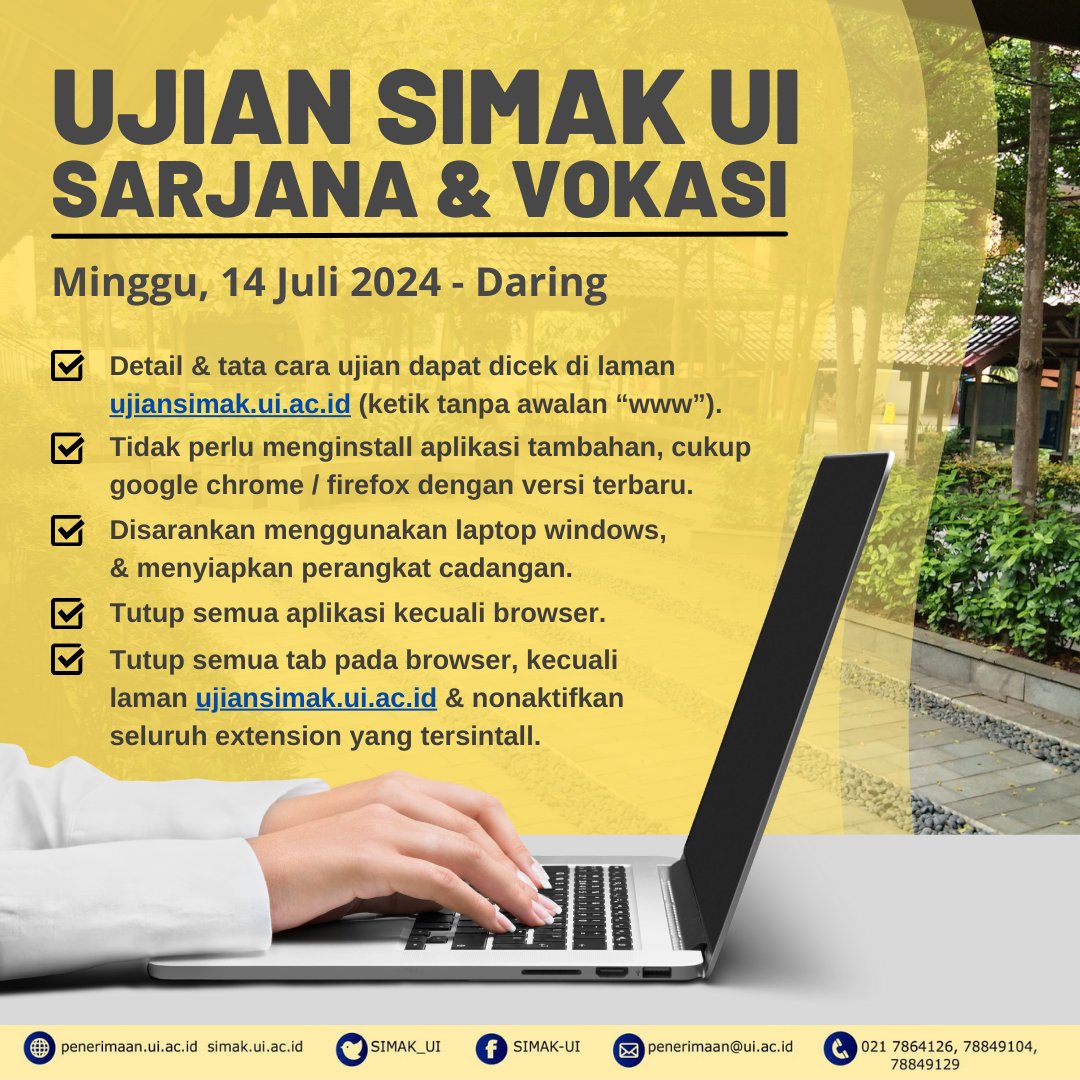 SIMAK_UI's tweet photo. 📢3 Hari menuju pelaksanaan ujian SIMAK UI S1 &amp; Vokasi‼️Pengunduhan kartu ujian dapat dicek berkala di akun masing-masing s.d. sore/malam ini. 

Persiapkan dengan baik segala perangkat &amp; jaringan yang akan digunakan pada ujian 14 Juli nanti. Selamat berjuang calon mahasiswa UI!👏 https://t.co/xynjFVmmxN