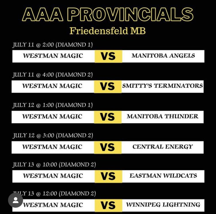 Heading out to Friedensfeld this weekend for provincials! Pool play starts Thursday at 2pm. Gonna be a good one!🥎💯