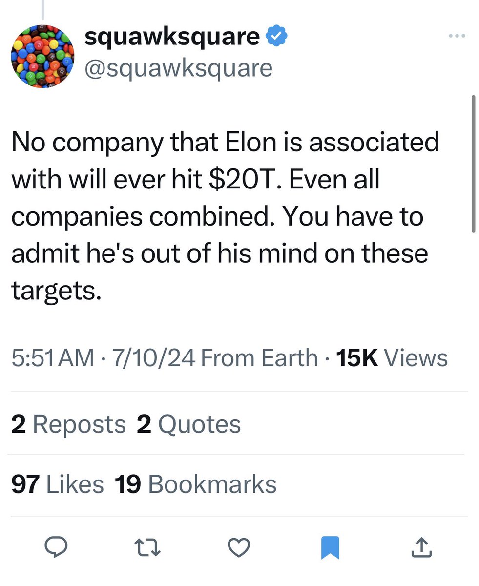 Ryan4Tesla7's tweet image. @squawksquare Prediction Tracker ™️ July 10, 2024
$TSLA MC: $839B
@SpaceX $200B as of ‘24
@xAI $24B as of ‘24
@X $15B as of ‘23
@boringcompany $5.6B as of ‘22
@neuralink $5B as of ‘23
Total: $1,088B
*Non-Tesla Valuations per public reporting.
$18,912B to go @elonmusk