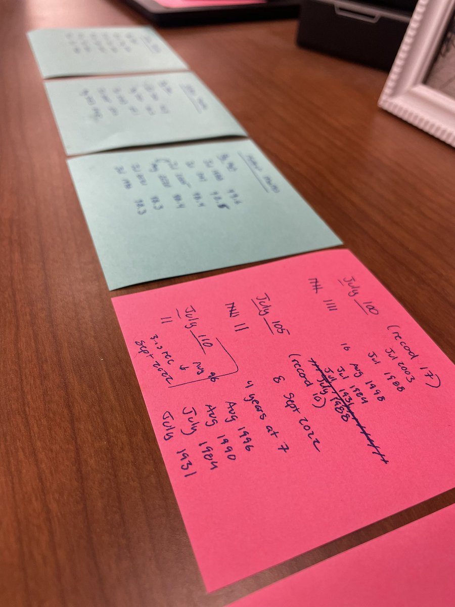 I use sticky notes to keep a running tab of big weather events.

July’s heat is starting to take over my desk.