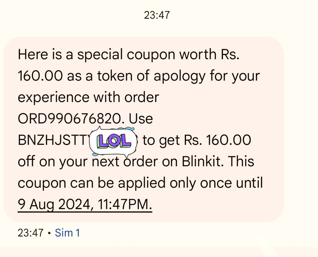 .<a href="/letsblinkit/">Blinkit</a> Delivering in 7 mins from Noida sector 63 to Jama Masjid, Delhi?
First u r taking prepaid orders for a location which is out of your delivery zone, then u r cancelling the order and instead of refunding the amount some unwanted coupon is being provided??