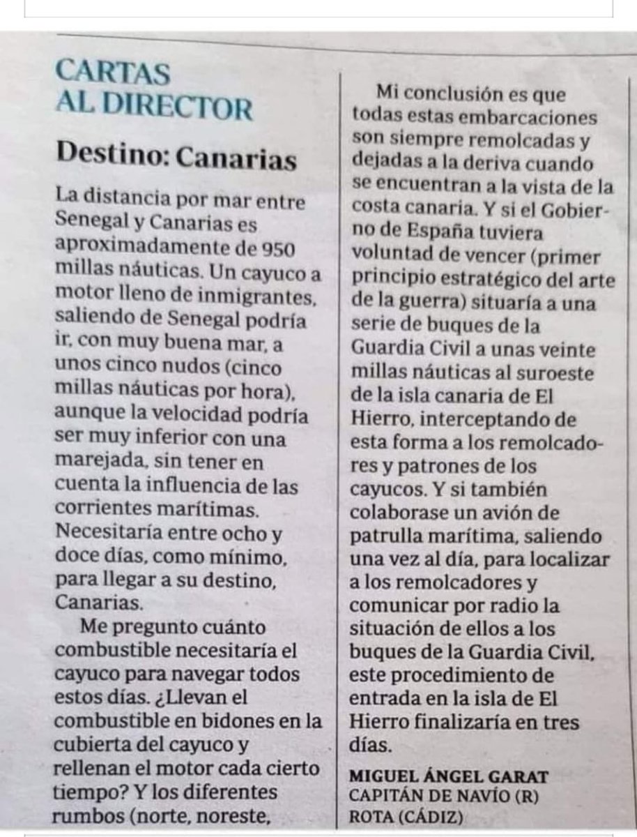 albernap's tweet image. Una carta al director en ABC escrita por un capitán de navío en el que explica de forma muy sencilla cómo acabar con la inmigración salvaje que está sufriendo canarias en 3 días.
