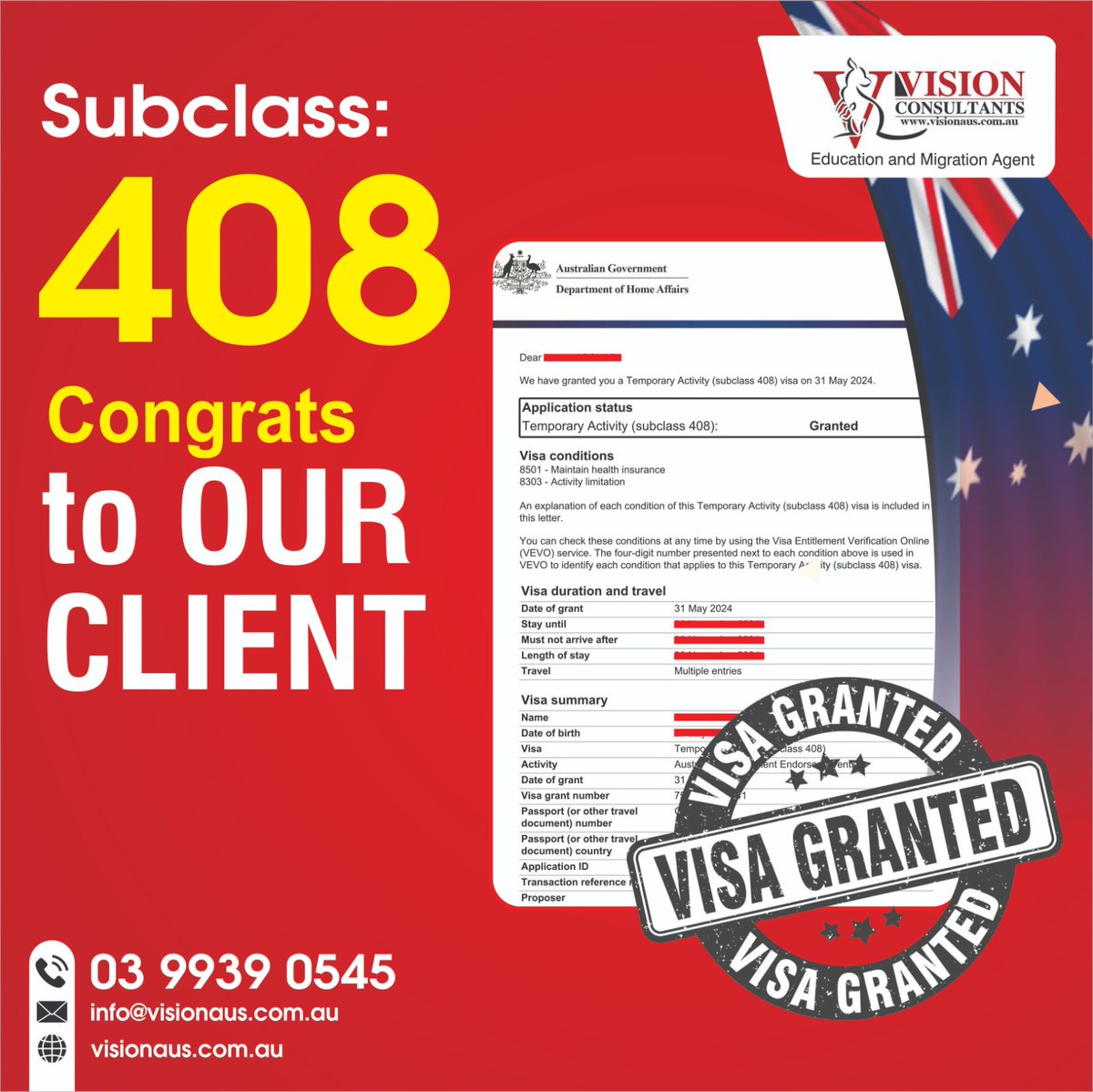Visionaus's tweet image. Congratulations to our client on their successful Subclass 408 visa grant! We are thrilled to have assisted you in achieving this milestone. Thank you for choosing Vision Consultants🥳🇦🇺

#Subclass408 #subclass408grant #visionconsultants #VisionConsultantsAustralia