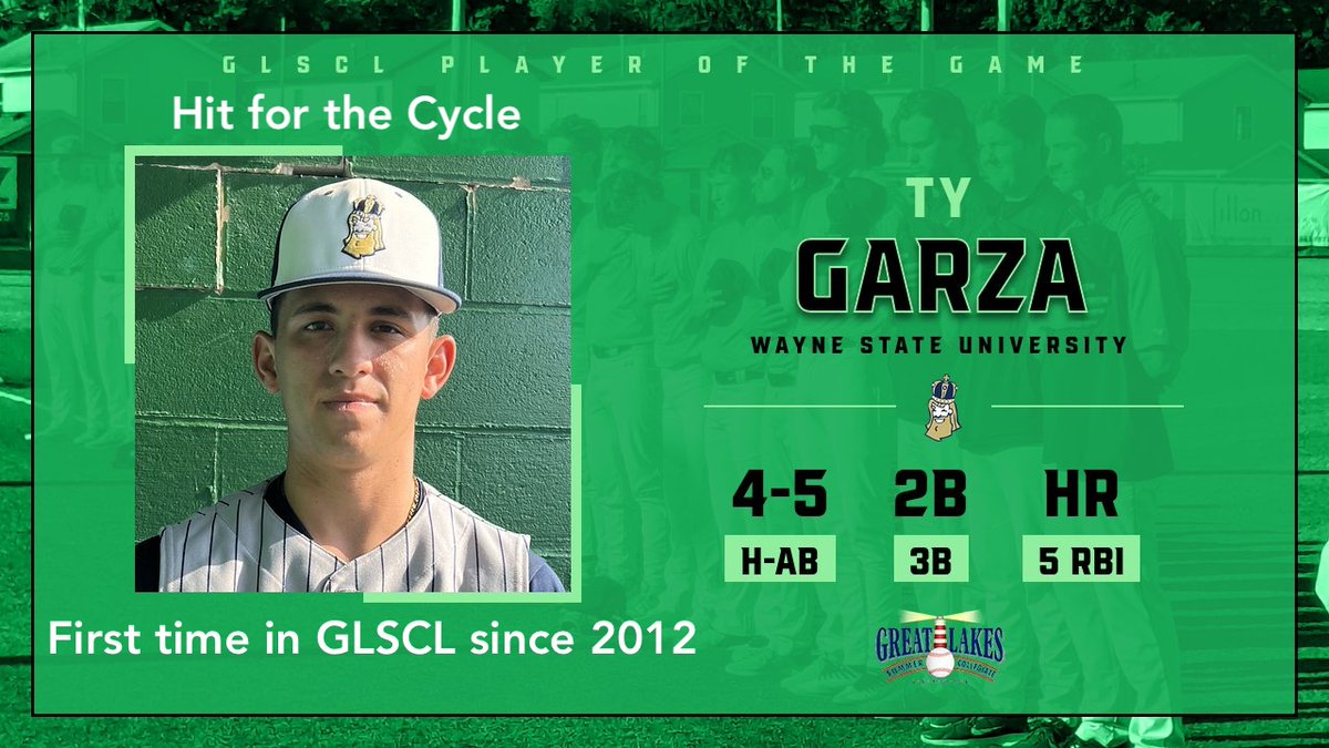 Tonight <a href="/GLL_Monarchs/">Michigan Monarchs</a> infielder <a href="/TyGarza11/">Ty Garza</a> from <a href="/waynestbaseball/">Wayne State Baseball</a> hit for the cycle going 4-for-5 with a single, double, triple, home run and 5 RBIs. It's the first time a #GLSCL player hit for the cycle since Matt Williams of the <a href="/CincinnatiSteam/">Cincinnati Steam Baseball</a> did it back in 2012.