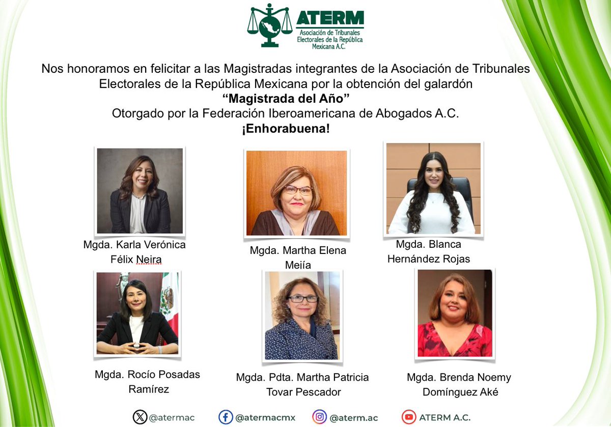 Felicitamos a las Magistradas integrantes de la #ATERM por la obtención del galardón “Magistrada del Año”, otorgado por la #FIA  

Mgda. <a href="/KarlaVeronicaf/">Karla V. Felix Neira</a> 
Mgda. <a href="/MarthaElenaMej2/">Martha Mejía</a> 
Mgda. <a href="/BlancaHdzR/">Blanca Hernández Rojas</a> 
Mgda. <a href="/RocioPosadasra2/">Rocio Posadas ramirez</a> 
Mgda. <a href="/bdominguez73/">BRENDA DOMINGUEZ</a> 
Mgda. Pdta. <a href="/PatriciaTovarP/">Martha Patricia Tovar</a>