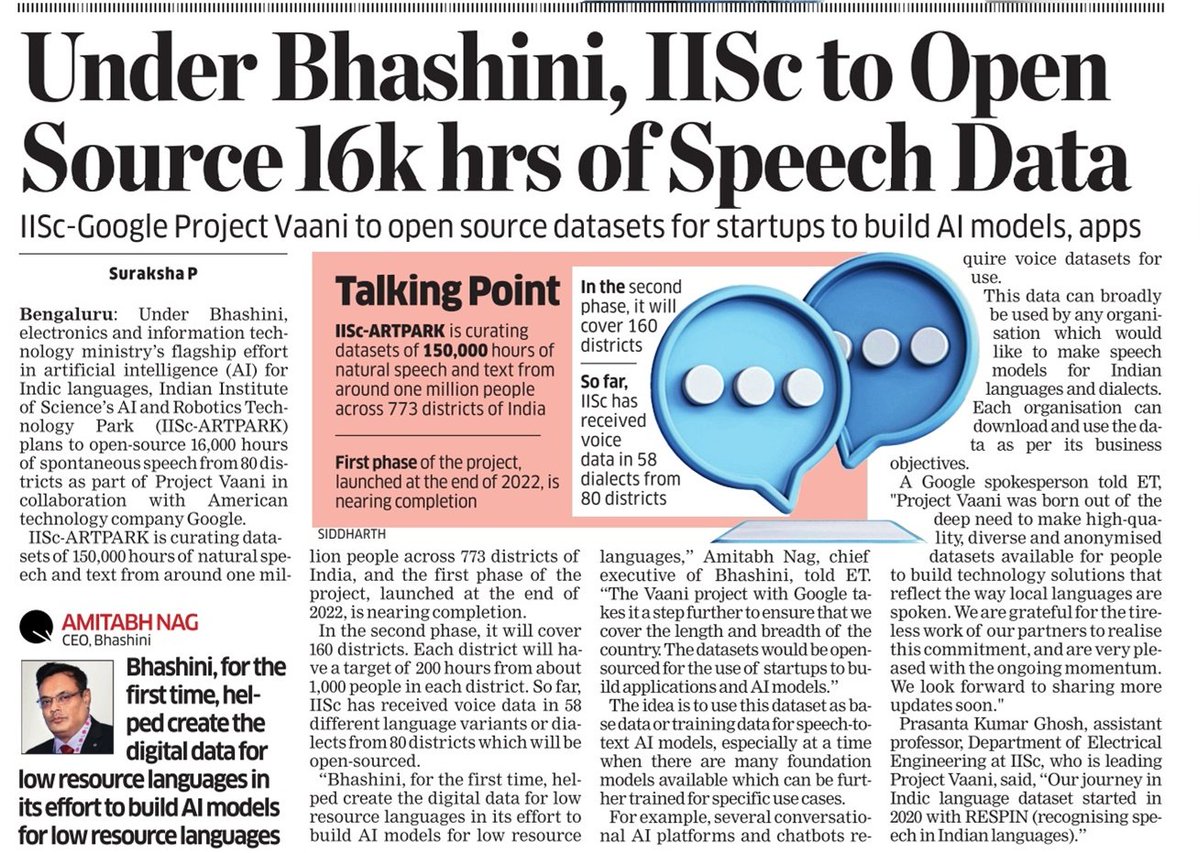 Suraksha P (@surakshapinnuet) on Twitter photo Under <a href="/_BHASHINI/">BHASHINI</a>, <a href="/GoI_MeitY/">Ministry of Electronics & IT</a>'s flagship AI effort for Indic languages, <a href="/iiscbangalore/">IISc Bangalore</a>'s <a href="/artparkindia/">ARTPARK - AI & Robotics Technology Park</a> plans to open-source 16,000 hours of spontaneous speech from 80 districts as part of Project Vaani in collaboration with <a href="/Google/">Google</a>. m.economictimes.com/tech/technolog… Under <a href="/_BHASHINI/">BHASHINI</a>, <a href="/GoI_MeitY/">Ministry of Electronics & IT</a>'s flagship AI effort for Indic languages, <a href="/iiscbangalore/">IISc Bangalore</a>'s <a href="/artparkindia/">ARTPARK - AI & Robotics Technology Park</a> plans to open-source 16,000 hours of spontaneous speech from 80 districts as part of Project Vaani in collaboration with <a href="/Google/">Google</a>. m.economictimes.com/tech/technolog…