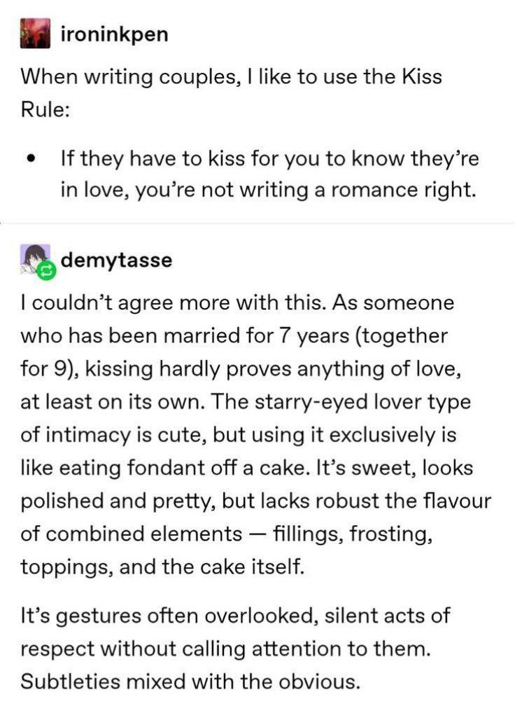 Perbincangan Inkfinity kelmarin²:

👤: Ada lagi 5 love languages boleh pakai untuk tunjukkan kemesraan selain kissing 

👤: Tapi, kiss tu softporn ke?

👤: Tengok penulis nak tunjukkan apa kat adegan tu. Kalau menimbulkan ghairah, itu softporn laa. Again... (Baca gambar)