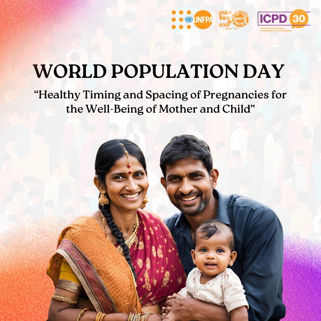 UNFPAIndia's tweet photo. Happy #WorldPopulationDay!
This year, @MoHFW_INDIA draws focus on "Healthy Timing and Spacing of Pregnancies for the Well-Being of Mother and Child"
Join @UNFPA 🇮🇳 to promote informed #familyplanning for people-centered #populationdevelopment
#ICPD30 https://t.co/AuCRvk6fup