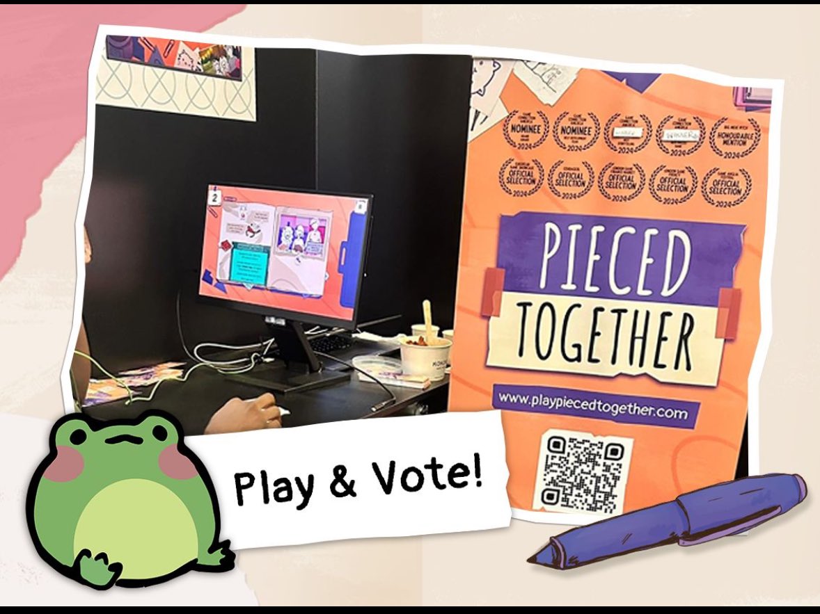 Plasbad's tweet photo. If you are at #developConf make sure to come say hi to me and play our game Pieced Together! ✨🦖 I can bribe you with frog stickers. https://t.co/F32kjHdjwQ