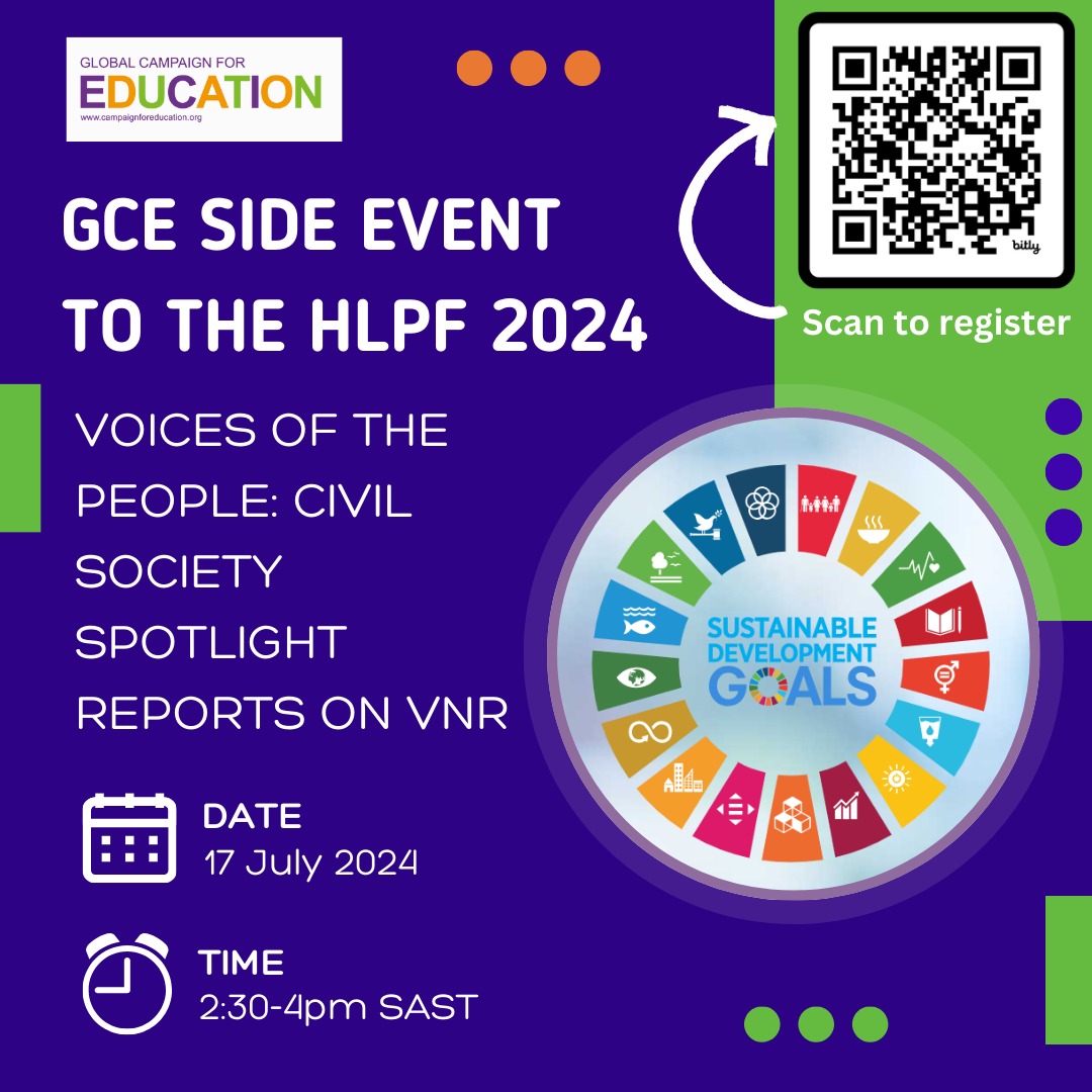 Global Campaign for Education (@globaleducation) on Twitter photo GCE will organise a side event as part of the High-Level Political Forum (HLPF) 2024 on โ๐๐ก๐ ๐ฏ๐จ๐ข๐๐๐ฌ ๐จ๐ ๐ญ๐ก๐ ๐ฉ๐๐จ๐ฉ๐ฅ๐: ๐๐ข๐ฏ๐ข๐ฅ ๐๐จ๐๐ข๐๐ญ๐ฒ ๐๐ฉ๐จ๐ญ๐ฅ๐ข๐ ๐ก๐ญ๐ฌ ๐ซ๐๐ฉ๐จ๐ซ๐ญ๐ฌ ๐จ๐ง ๐๐๐โ
on 17 July 2024 at 2:30-4:00pm SAST.
Register: bit.ly/4bKWhhS GCE will organise a side event as part of the High-Level Political Forum (HLPF) 2024 on โ๐๐ก๐ ๐ฏ๐จ๐ข๐๐๐ฌ ๐จ๐ ๐ญ๐ก๐ ๐ฉ๐๐จ๐ฉ๐ฅ๐: ๐๐ข๐ฏ๐ข๐ฅ ๐๐จ๐๐ข๐๐ญ๐ฒ ๐๐ฉ๐จ๐ญ๐ฅ๐ข๐ ๐ก๐ญ๐ฌ ๐ซ๐๐ฉ๐จ๐ซ๐ญ๐ฌ ๐จ๐ง ๐๐๐โ
on 17 July 2024 at 2:30-4:00pm SAST.
Register: bit.ly/4bKWhhS