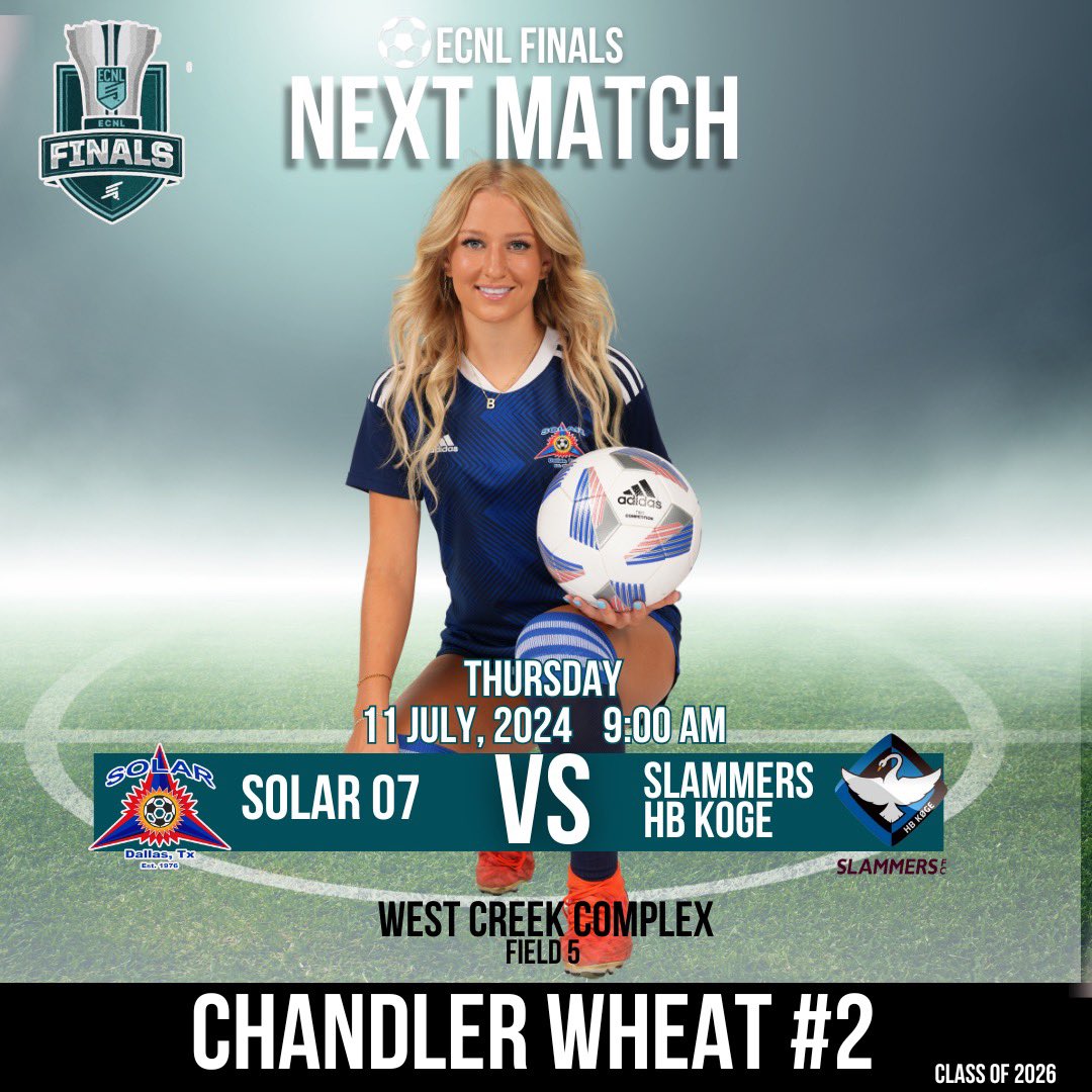 Chandler Wheat (@wheatchandler2) on Twitter photo Game Day tomorrow! It is a Re-Match of last year’s Championship game! Let’s Finish Strong!!💪
⏰9:00AM
📍West Creek Complex Field 5
<a href="/ImYouthSoccer/">ECNL/GA/Recruiting/College Soccer</a> <a href="/ImCollegeSoccer/">College Soccer Truth ™</a> <a href="/TheSoccerWire/">SoccerWire</a> <a href="/TopDrawerSoccer/">TopDrawerSoccer</a> <a href="/PrepSoccer/">Prep Soccer ⚽️</a> <a href="/JREskilson/">J.R. Eskilson</a> <a href="/ECNLgirls/">ECNL Girls</a> <a href="/solar07g/">Solar 07/06G ECNL (U19)</a> <a href="/Jagsoccergirls/">Heritage Girls Soccer</a>
📸 <a href="/KenMurphyPhoto/">Ken Murphy Photography</a> Game Day tomorrow! It is a Re-Match of last year’s Championship game! Let’s Finish Strong!!💪
⏰9:00AM
📍West Creek Complex Field 5
<a href="/ImYouthSoccer/">ECNL/GA/Recruiting/College Soccer</a> <a href="/ImCollegeSoccer/">College Soccer Truth ™</a> <a href="/TheSoccerWire/">SoccerWire</a> <a href="/TopDrawerSoccer/">TopDrawerSoccer</a> <a href="/PrepSoccer/">Prep Soccer ⚽️</a> <a href="/JREskilson/">J.R. Eskilson</a> <a href="/ECNLgirls/">ECNL Girls</a> <a href="/solar07g/">Solar 07/06G ECNL (U19)</a> <a href="/Jagsoccergirls/">Heritage Girls Soccer</a>
📸 <a href="/KenMurphyPhoto/">Ken Murphy Photography</a>
