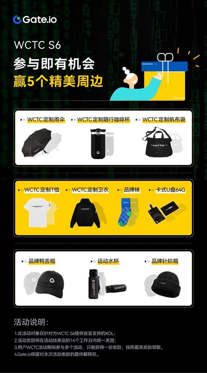 🔥 WCTC赛事报名火热进行中！🔥
7月Gate.io (gate.io) 合约交易赛S6如约而至！
参与本届WCTC合约交易赛，抽取5份精美周边礼包！

礼品发放（以下周边随机抽取5个，肯定有你喜欢的。）：