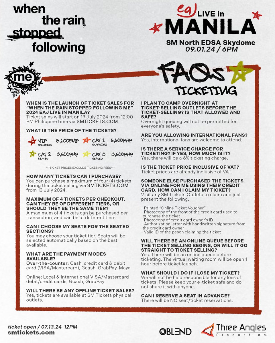 Threeanglespro's tweet photo. Check these out, Filo JARs! Here’s all you need to know for the "When the Rain Stopped Following Me" eaJ LIVE in Manila  🤩 

We can’t wait to see you there! 💖

🗓 1 September 2024 | 6:00PM
📍SM North EDSA Skydome

#eaJ #eaJPark
#wtrsfmTOUR #eaJinManila
#blendcompany #TAP #ThreeAnglesProduction 

1/2