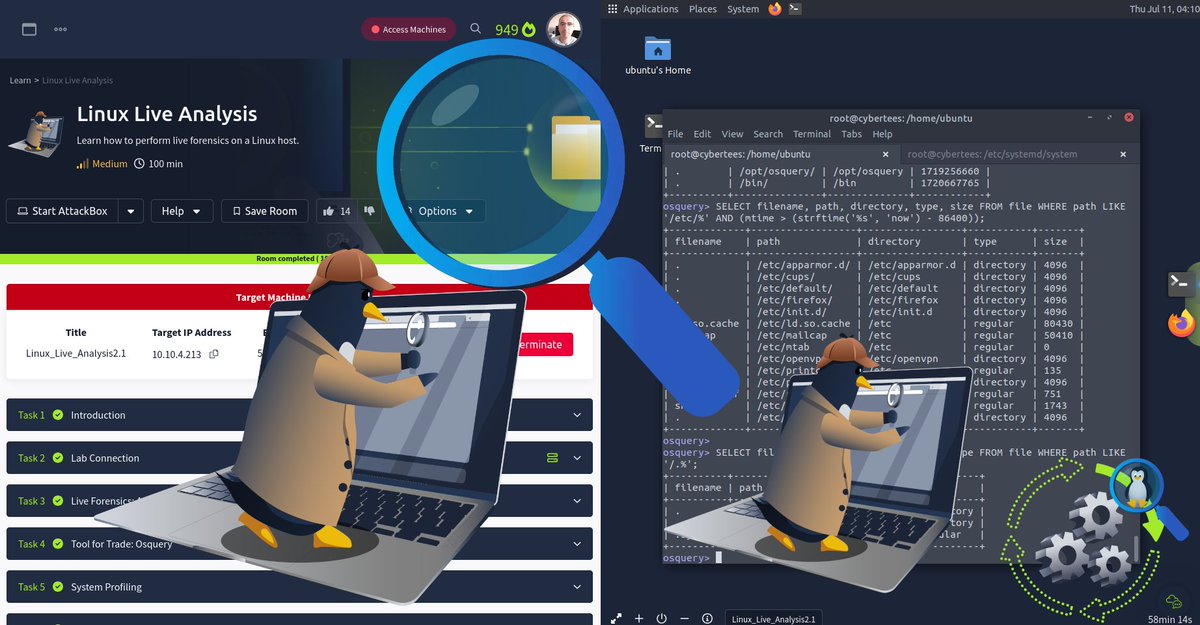 DjalilAyed's tweet photo. 🐧🐧 New room Linux Live Analysis from @tryhackme : Learn how to perform live forensics on a Linux host.

🐧 This good room to learn about Osquery and Linux forensic.

#tryhackme #linux #DFIR #forensic #Osquery https://t.co/Sy4J42fYRZ