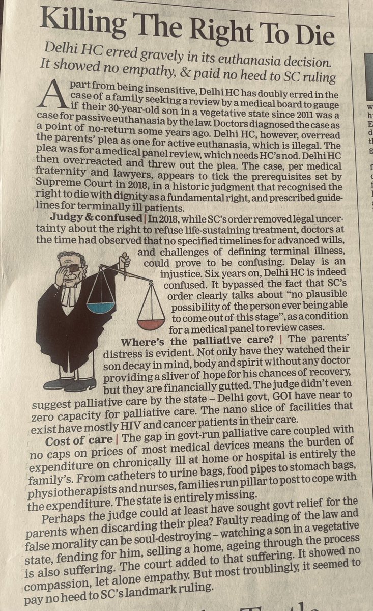 suchetadalal's tweet photo. Excellent edit in TOI today #RightToDie absence of state in care giving and misreading a landmark SC judgement! https://t.co/VTamDZOUK8
