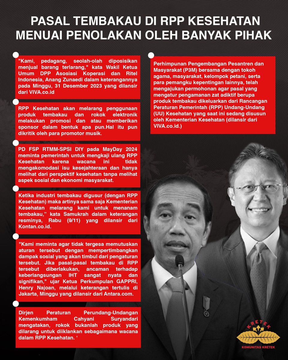 KomunitasKretek's tweet photo. Ya gimana ngga nolak, wong RPP Kesehatan itu bermasalah. Jual eceran ngga boleh, iklan ngga boleh, harus 20 batang per bungkus, dan lain-lain yang ngga diperbolehkan. 

Wacana ini adalah palu godam bagi IHT. Ide dari Menkes yang sedang ditimbang-timbang Jokowi untuk disahkan. https://t.co/8nXXlJkxFe
