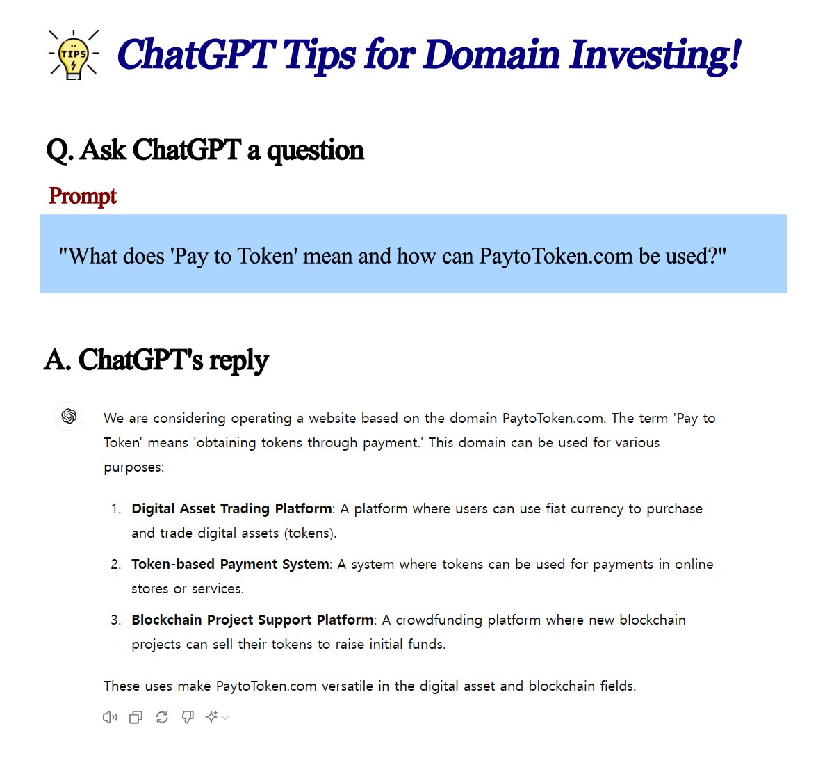 🚀 ChatGPT Tips for Domain Investing! 🚀

When investing in future domains, info can be scarce. Use ChatGPT for help! 🤖

I registered PaytoToken•com and Pay2Token•com in 2021. Recently, I had to decide whether to renew them after 3 years. Both had no other extensions
