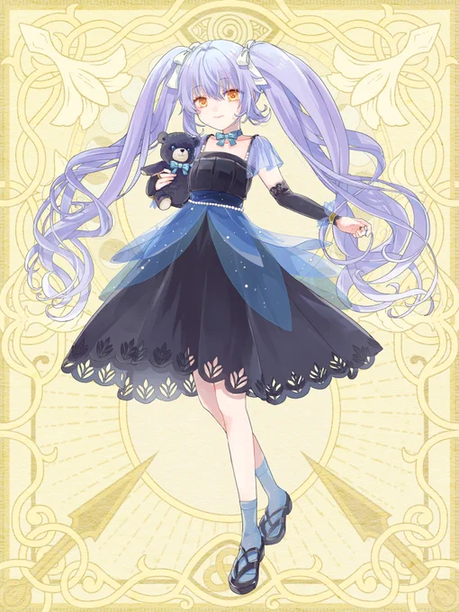 【お仕事】全身イラスト納品しております! ご発注有難うございました。黒ワンピ、テディベア、青睡蓮とのご指定のなかで自由に楽しく描かせて頂きました。クマちゃんは我が家のテディベアを参考に。ひらみ強めで。『チェインパラドクス』(C)小林蕪/トミーウォーカー 