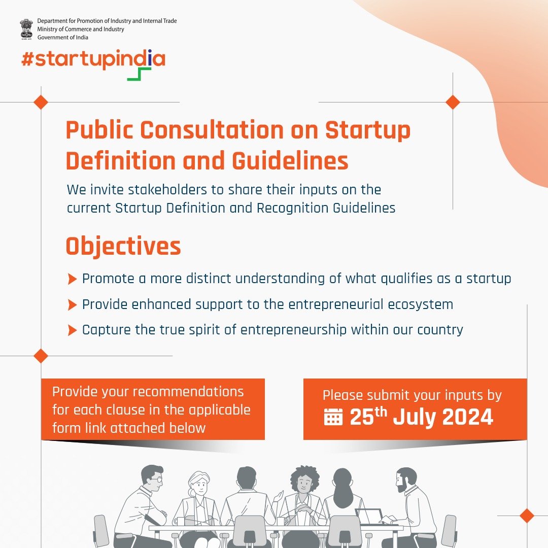 startupindia's tweet photo. Join the Public Consultation on Startup Guidelines! Share your insights to refine startup definitions and support #entrepreneurship.

Submit your feedback here by 25th July: https://t.co/Pazm9AYtc8

#StartupIndia #DPIIT #PublicConsultation #StartupGuidelines #Innovation https://t.co/ksBOsjbHaA