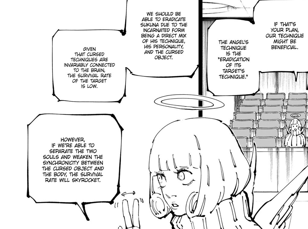 BIGDADDYGOJO's tweet photo. I THINK I JUST FIGURED OUT HOW GOJO IS COMING BACK #JJK263 

hana’s about to use MAXIMUM OUTPUT jacobs ladder on sukuna…
and what can this technique do?

SEPARATE SOULS. 

the same way that hana unsealed gojo, she may bring back gojo…AND yuta. 

and even be able to separate them. as she shared that her technique involves ERADICATING the targets technique as well. 

considering it’s obvious that yuta hasn’t died YET, we know kenjaku’s technique is still active to SOME extent 

so, if jacob’s ladder negated yuta’s use of kenjaku’s technique…theoretically, maybe he can return to his own body safely, if it’s not too late? 

by “negating” the technique, instead of letting it just come to a halt—it may prevent yuta’s death

we’ve also seen a panel of hana “saving someone”, which emanates a painting by michelangelo that depicted “god creating life”, which may have been a hint that she would eventually save (and revive) lives

+ her using jacobs ladder might be able to save gojo’s life, since his body is still “alive” (due to yuta using his body) and the body is the soul. 

it may be the bridge that allows gojo’s soul to return to earth, by him going north 

we clearly see yuta (gojo) fall….but he doesn’t appear again the rest of the chapter. which tells us that his body is safe. and the blast from hana’s technique looks massive. 

the others being in range doesn’t matter because they’re not evil, so she’s not concerned about hitting them

HANA COULD BE THE KEY TO SAVING BOTH YUTA AND GOJO