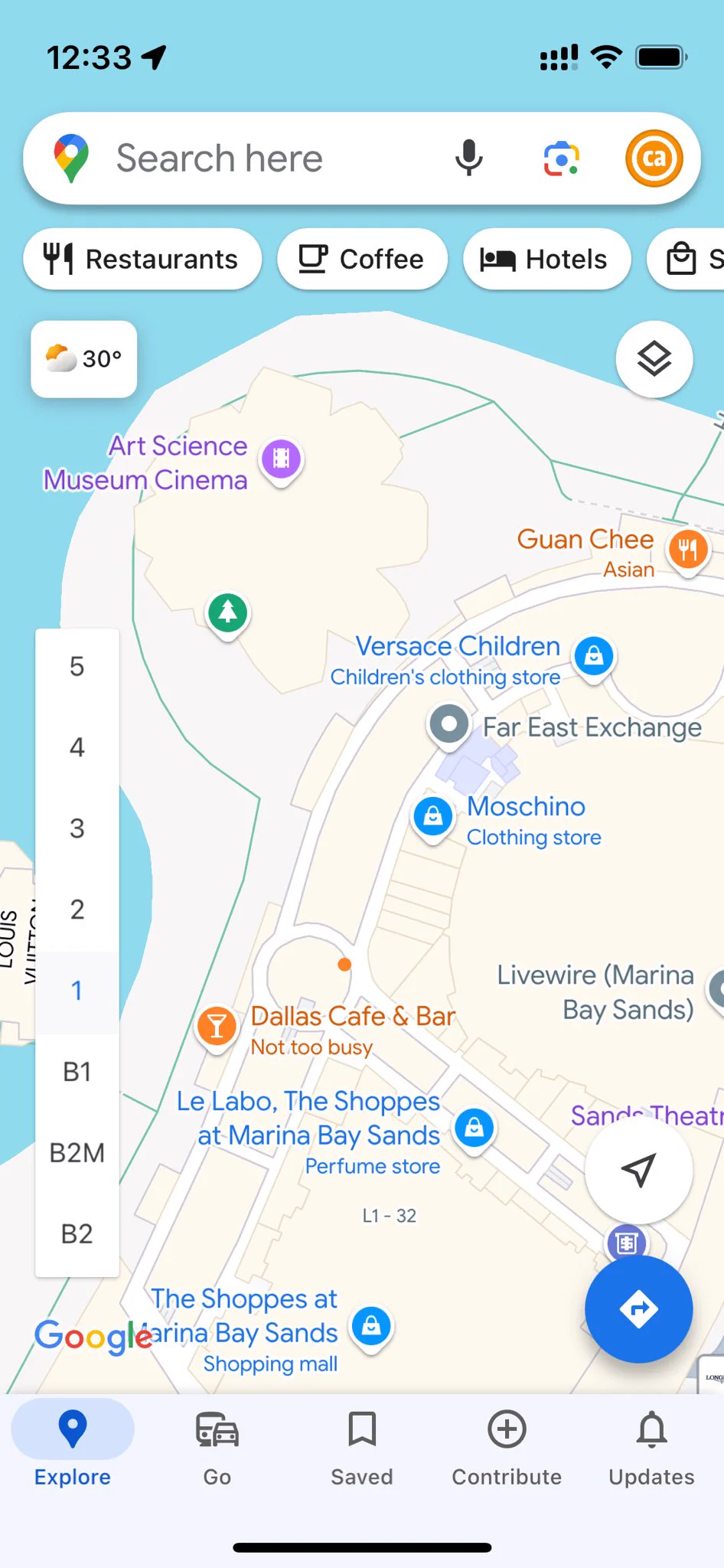 Google Maps iOS app showing a map view of Marina Bay Sands in Singapore showing various nearby locations.

The markers look different than usual. More rounded.