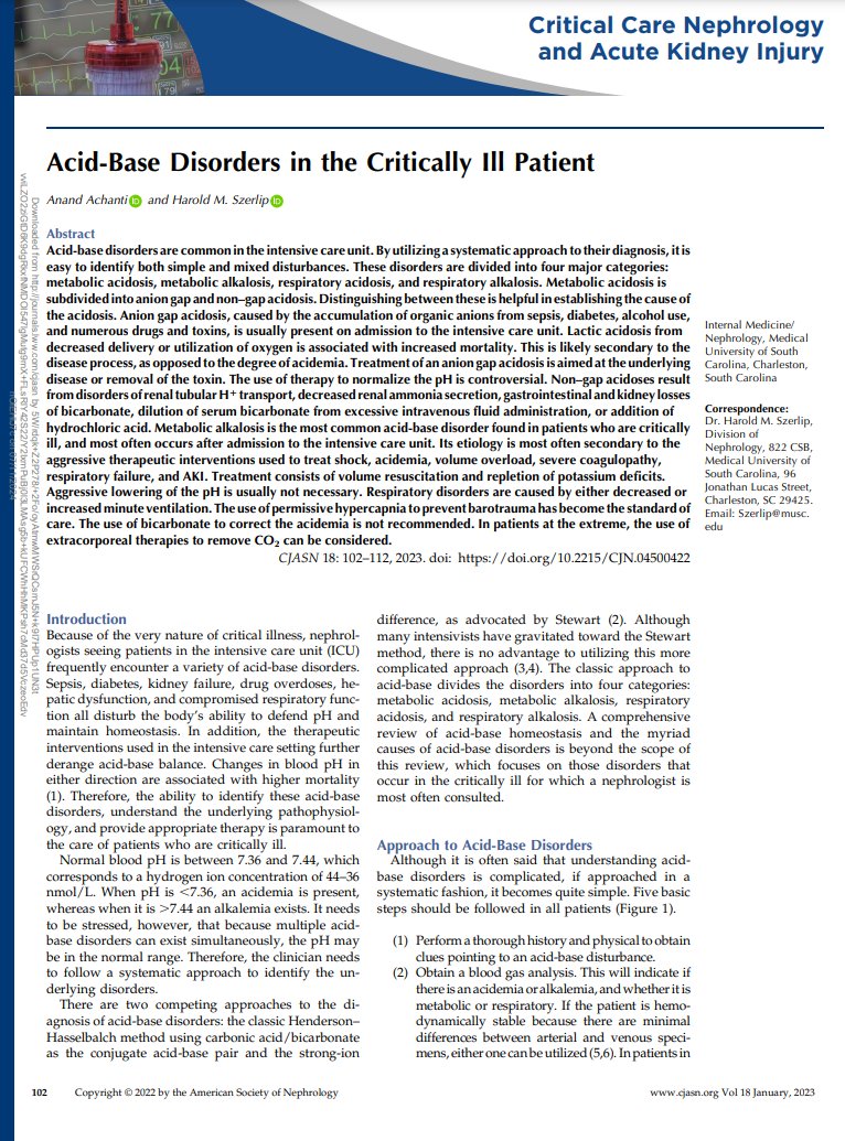 Acid Base Disorders in the Critically Ill Patient ca. 2023 from @CJASN <a href="/AchantiAnand/">Anand Achanti</a> <a href="/Pissprophet/">Harold Szerlip, MD</a> #AKIinICU #Nephpearls 

👉 pubmed.ncbi.nlm.nih.gov/35998977/