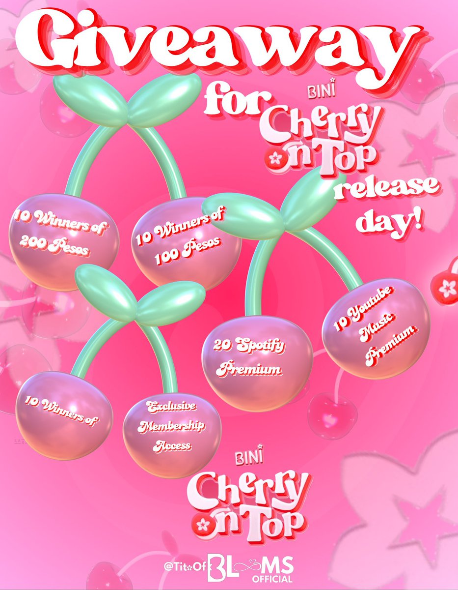 🌸CHERRY ON TOP DAY GIVEAWAY FOR BLOOMS🌸
🍒20 winners of 2 months SPOTIFY PREMIUM
🍒10 WINNERS of EXCLUSIVE MEMBERSHIP ACCESS
🍒10 YT premium
🍒10 winners of P100
🍒 10 winners of 200

Para makasali —
✅ Follow: @BigBallerWs <a href="/MrMarneur/">Marneur</a> and <a href="/3nockout/">3KO ✟</a> and your tito.
✅ RT, like