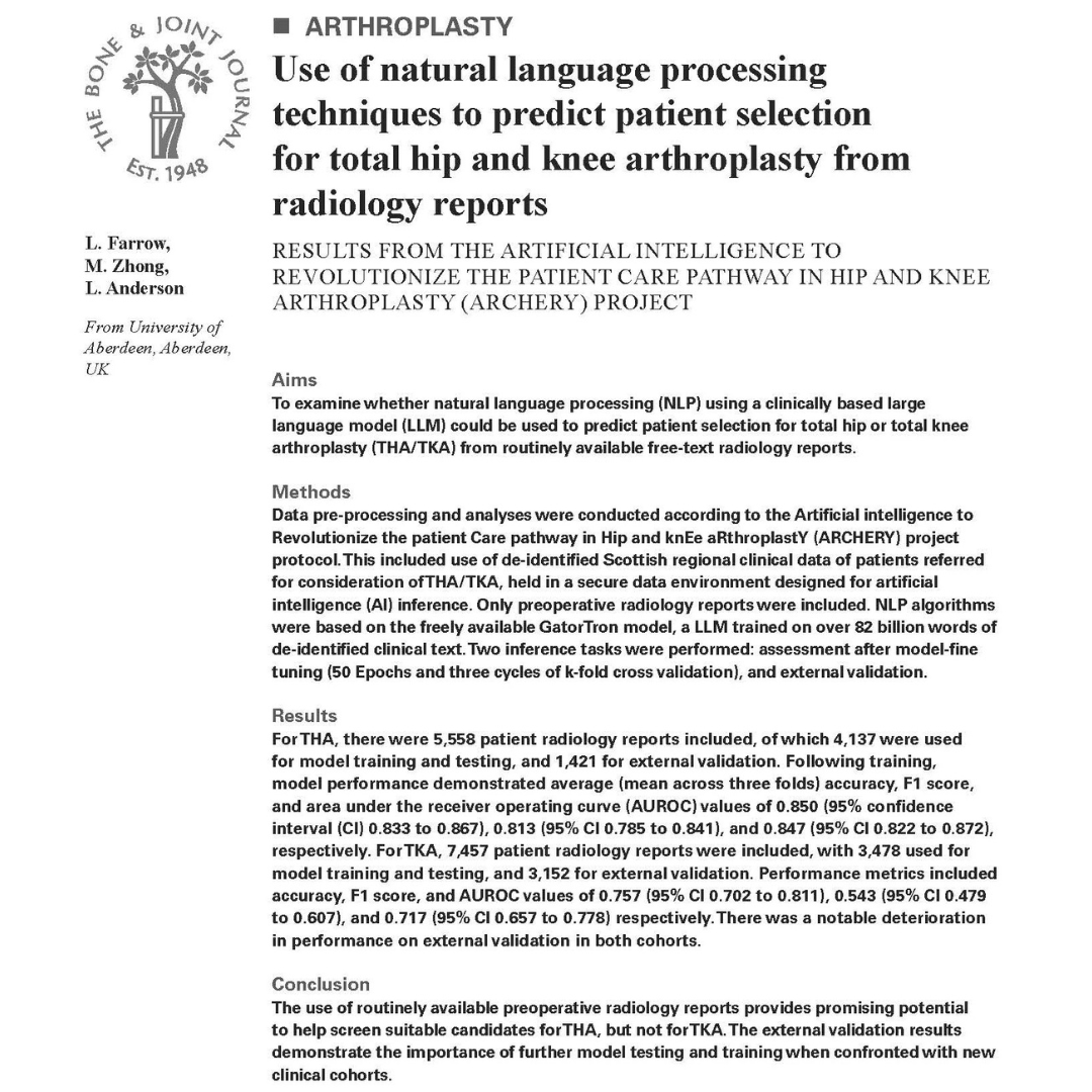 The Bone & Joint Journal (@bonejointj) on Twitter photo The use of routinely available preoperative radiology reports provides promising potential to help screen suitable candidates for THA, but not for TKA.
#BJJ #ArtificialIntelligence #Arthroplasty <a href="/docfarrow/">Luke Farrow</a> <a href="/GrahamAnderLes/">Prof Lesley Anderson</a>
ow.ly/PCon50StyYh The use of routinely available preoperative radiology reports provides promising potential to help screen suitable candidates for THA, but not for TKA.
#BJJ #ArtificialIntelligence #Arthroplasty <a href="/docfarrow/">Luke Farrow</a> <a href="/GrahamAnderLes/">Prof Lesley Anderson</a>
ow.ly/PCon50StyYh