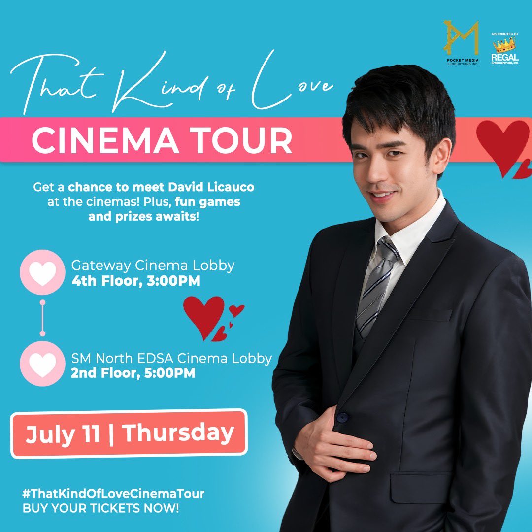 Regal Entertainment Inc. (@regalfilms) on Twitter photo Mag-iikot si Adam (<a href="/davidlicauco/">David Licauco</a>) sa mga sinehan! #ThatKindOfLoveCinemaTour
Sugod na sa mga sinehan mamaya dahil may dalang #ThatKindOfLove KILIG si Adam sa mga sinehan! Plus, exciting games and prizes awaits!
#ThatKindOfLove a film by Catherine O. Camarillo
Starring Barbie Mag-iikot si Adam (<a href="/davidlicauco/">David Licauco</a>) sa mga sinehan! #ThatKindOfLoveCinemaTour
Sugod na sa mga sinehan mamaya dahil may dalang #ThatKindOfLove KILIG si Adam sa mga sinehan! Plus, exciting games and prizes awaits!
#ThatKindOfLove a film by Catherine O. Camarillo
Starring Barbie