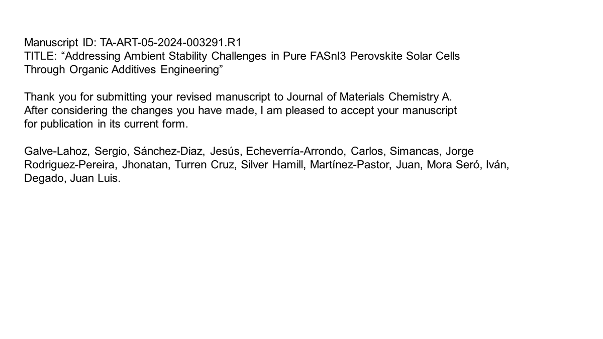 JuanLDelgadoC's tweet photo. Excellent news today in @JMaterChem A . Organic additives for #Pbfree #Snbased #perovskite #solarcells. @POLYMAT_BERC @Ikerbasque @ehu_kimika @IvanMoraSero @UJIuniversitat
@inam_uji 
Many thanks to all co-authors !!! https://t.co/tdtnQcV6YT