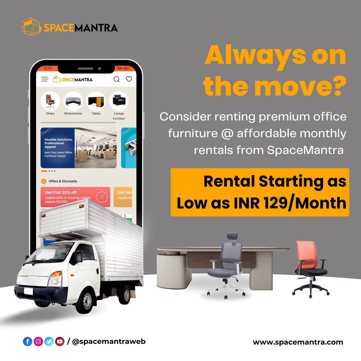 Stay flexible with SpaceMantra's rental solutions. Move or expand your office with ease.   

Explore Now: bit.ly/3tCrzHs  

#SpaceMantra #FlexibleWorkspace #OfficeMobility #OfficeFurnitureonRent #homeoffice #furnitureonrent #rentals #workspacedesign #chairs
