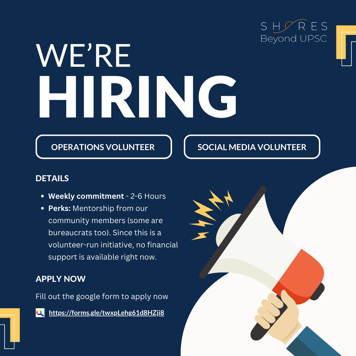 Hi all!

We're kick-starting activity in the community, as a project led by the aspirants, for the aspirants. 

We are starting with 2 volunteer positions - apply if you would like to be part of the founding team of Shores 2.0

#uspc #shoresbeyodupsc 

docs.google.com/forms/d/1j5aa2…