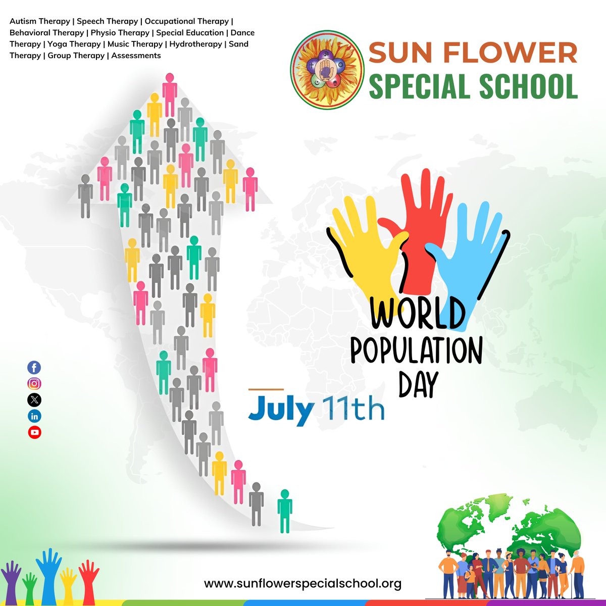 SpecialSchool55's tweet photo. On World Population Day, let’s pledge to support and empower every individual, ensuring a balanced and sustainable world.

Call us:9849912048

#Worldpopulationday #SpecialEducation #InclusiveEducation #SunflowerSpecialSchool #AutismTherapy #SpeechTherapy #OccupationalTherapy https://t.co/pZ6HBefbB5