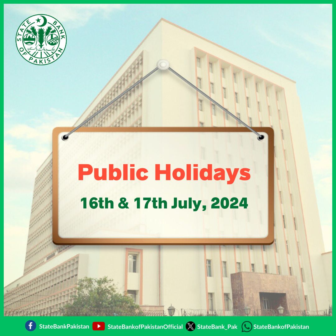 #SBP will remain closed on July 16th and 17th, 2024 being public holidays on the occasion of Ashura (9th &amp; 10th Moharram 1446 A.H).
sbp.org.pk/press/2024/Pr-…
#SBPAnnouncments