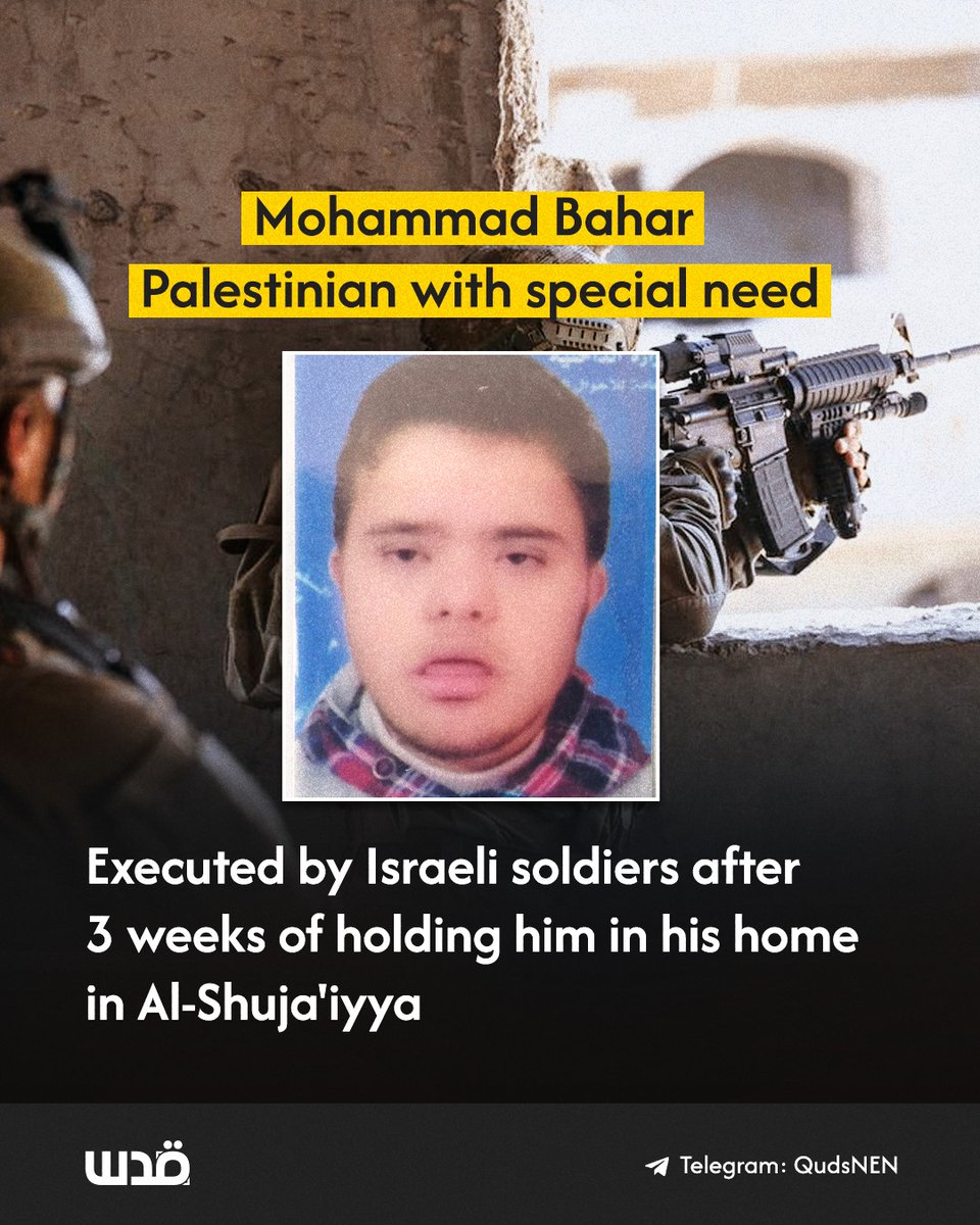 BYK_AIML's tweet photo. @StopAntisemites Maybe these guys have some and humanity for children like this. 
Israeli soldiers executed disabled Palestinian youth Mohammad Salah Bahar in cold blood after a week long confinement in his family home and arrested 3 of his siblings in Al-Shuja'iyya neighborhood east of Gaza City https://t.co/0Yk7D4DtYp