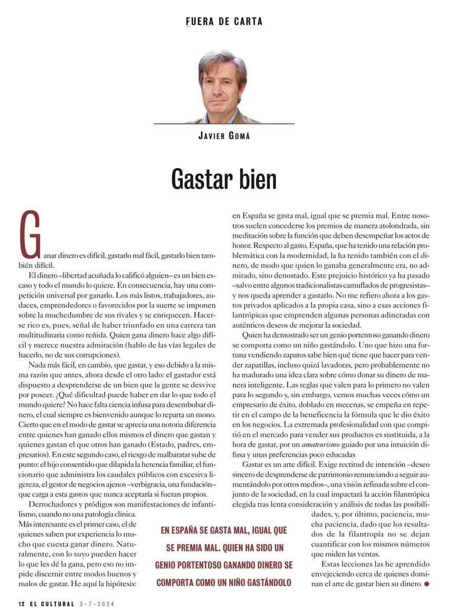 JavierGomaL's tweet photo. No es lo mismo ganar dinero que gastarlo: son artes muy diferentes, incluso contrapuestas. 

El “Fuera de carta” de julio. 

https://t.co/MCXk4G3pOd https://t.co/nw7o3vHr2l