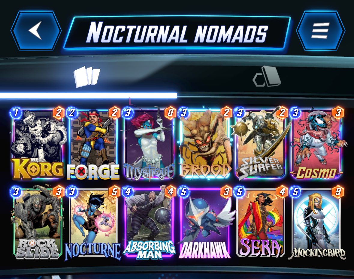 snapcracklnnpop's tweet photo. Day #2 infinite 🫡

This deck slaps. Really tried my best to fit Gwen in here - (and she’s OK in it) - but didn’t make the final 12. Want to counter Arishem, but don’t want to go all in? This is the one. 

T5 DH with prio —> Mystique + Cosmo won so many 8s. 

Cosmo MVP 🐶🐶 https://t.co/8GRq7LAE3T