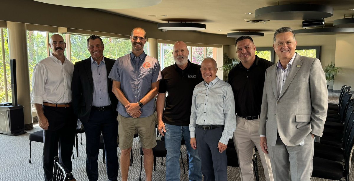 PS Fire Chief Alvarado, PS Police Chief Mills, PSFA VP Brandon Wright, PSPOA President Joe Cook, Mayor Bernstein, PSPOA VP Mike Torres and PS City Manager Stiles sharing the Dozen Years of Measure J success!