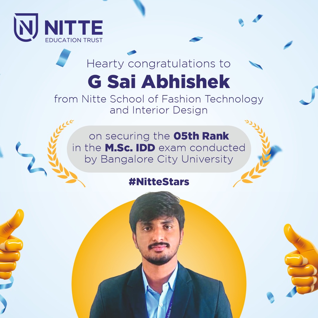 nsftid's tweet photo. NITTE Management and NSFTID Team congratulates to Mr. G Sai Abhishek of https://t.co/Uh5f4vhuRI IDD course for securing #5th Rank in Bengaluru City University examination of AY 2022-23.

NSFTID is committed to producing World class Designers ... https://t.co/wzYNDzDHxT