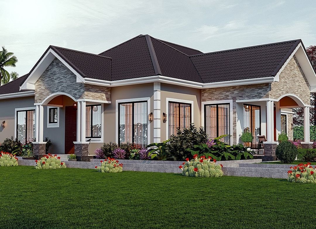 We design, we build &amp; Renovate 

The design below features; A 3 Bedroom Bungalow house design 
Spacious Living Room 
Dining Area 
Modern Kitchen 
Masters Ensuite 
Two additional bedroom 
Cloakroom 
Guest bathroom 
Lush Garden 
Building size
20x18m
🏗️ Construction cost- 7M