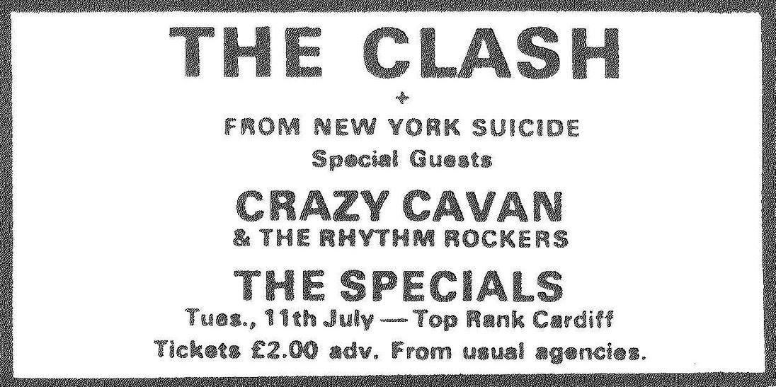 OTD in 1978. The Clash played the Cardiff leg of their On Parole tour with the wildly varied support of no-wave godfathers Suicide, Welsh rockabilly revivalists Crazy Cavan, and The Specials*.

*If I’m not mistaken, this was the 1st time they appeared on a flyer as The Specials