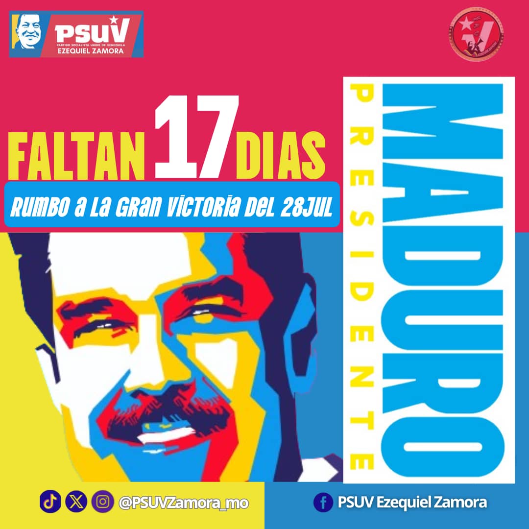 🟨🟦🟥🟨🟦🟥🟨🟦🟥
Aquí nuestro contador Zamorano!!!

A Solo 1️⃣7️⃣ días para la victoria contundente.

_Nicolás Maduro presidente_ 

*Psuvezamora_mo*

<a href="/NicolasMaduro/">Nicolás Maduro</a> 
<a href="/dcabellor/">Diosdado Cabello R</a> 
<a href="/jorgerpsuv/">Jorge Rodríguez</a> 
<a href="/ErnestoLunaPsuv/">Ernesto Luna G.</a> 
<a href="/Oscarcpsuv/">Oscarcpsuv</a> 
<a href="/PartidoPSUV/">PSUV</a> 
<a href="/psuvmonagas_ve/">𝗣𝗦𝗨𝗩 𝗠𝗢𝗡𝗔𝗚𝗔𝗦</a>