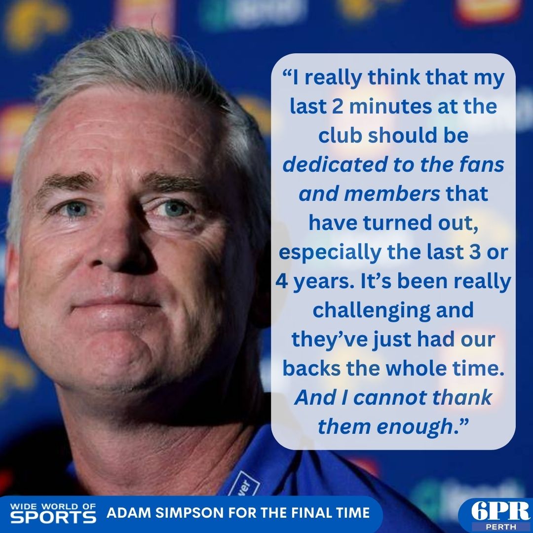 6PR's tweet photo. Adam Simpson declined to coach the Eagles one more time but he will toss the coin on Sunday ahead of the game.

Why? To thank the fans one final time.

Click below to hear from Simmo for the final time on WWOS

👉🏼 https://t.co/7xT9le94gx 👈🏼

#AFL #WestCoastEagles #AdamSimpson https://t.co/B6QMwPepvE