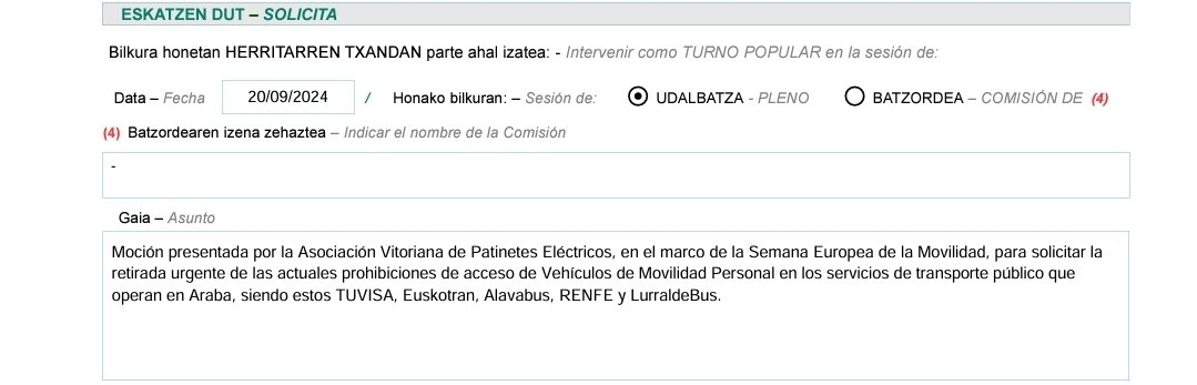 ⚠️ La Asociación Vitoriana de Patinetes Eléctricos ha presentado su solicitud de comparecencia en el Turno Popular del Pleno de <a href="/vitoriagasteiz/">Vitoria-Gasteiz!</a>, de cara a presentar una moción contra las prohibiciones de VMP en el transporte público: