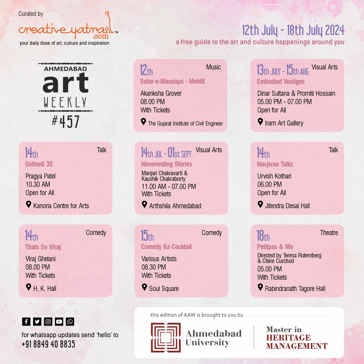 creativeyatra's tweet photo. Experience #Ahmedabad's cultural wonders with #AhmedabadArtWeekly! Immerse yourself in a dynamic mix of #art, #theater, and #comedy. Find out more at https://t.co/s8iIZCzXww
#CreativeYatra #AhmedabadCulture #CulturalEvents #Music #eventsinahmedabad #Artexhibition #amdavad https://t.co/VQ7Zn8t5tQ