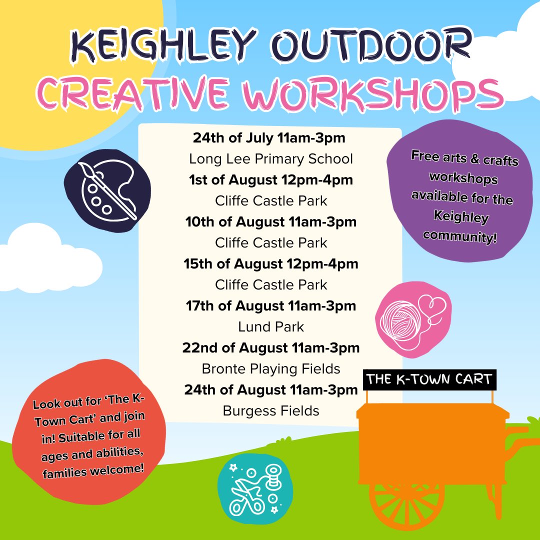 MORE DATES ANNOUNCED for our FREE family friendly outdoor workshops this summer. 

Our team will be taking the K-Town cart to local parks and schools around town throughout the summer holidays. 

To come and join in the fun, just turn up! No need to book. 

#keighley #summerhols