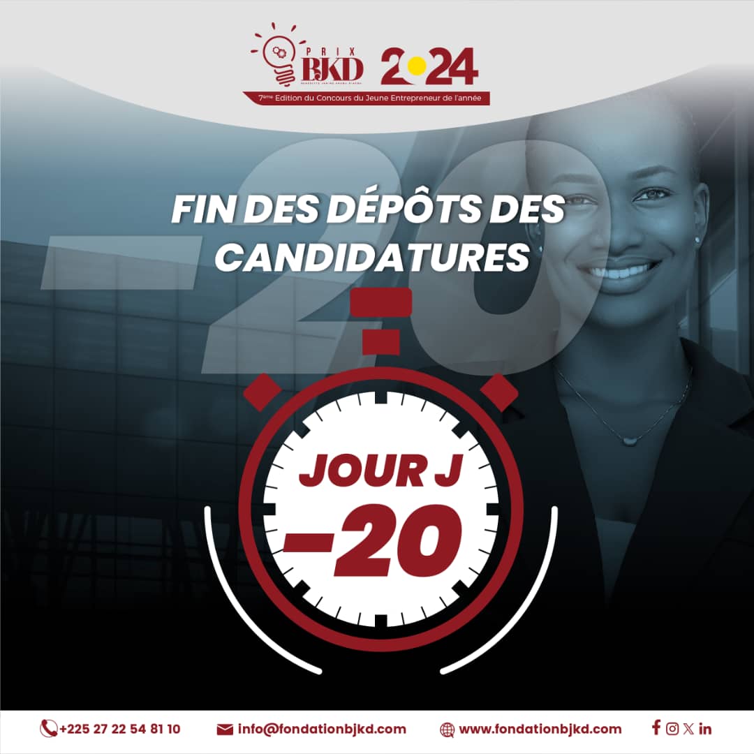 BjkdFondation's tweet photo. [Entrepreneuriat - #PrixBJKD] 

Plus que quelques jours pour tenter de remporter le #PrixBJKD.

Vous avez entre 18 et 40 ans ?
Vous avez une entreprise légalement constituée ?

Inscrivez-vous en cliquant sur https://t.co/CIX6DXd29z et tenter de remporter le Prix BJKD. https://t.co/NPGvYgbUw9
