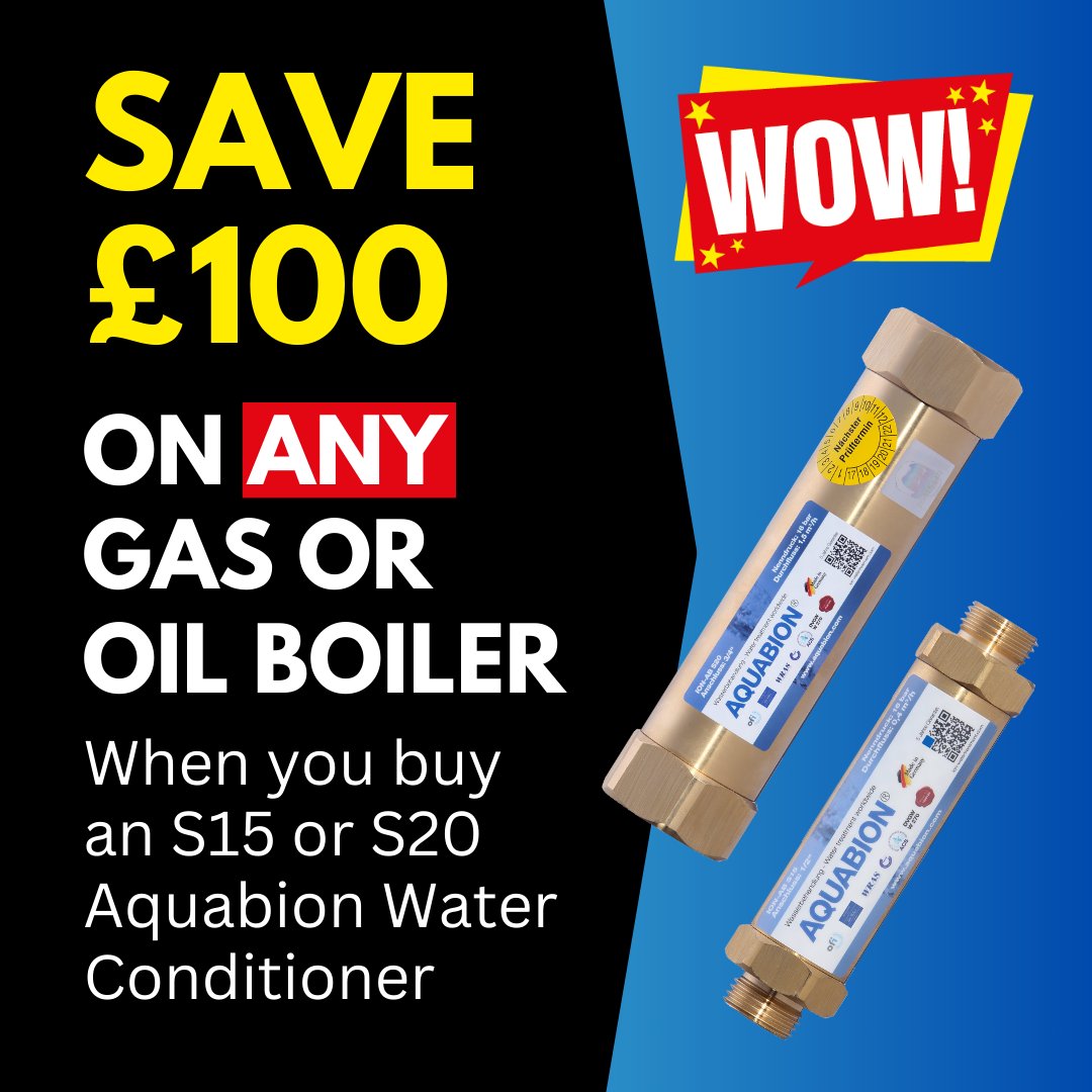 Get £100 off any gas or oil boiler or boiler packs until 31st August. Simply buy an Aquabion S15 or S20 water conditioner at the same time as a boiler. Available online or at a Williams trade counter.